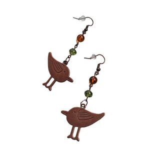 Etched Copper Bird with Aqua Blue & Amber Beads Dangle Earrings. Boho Chic.